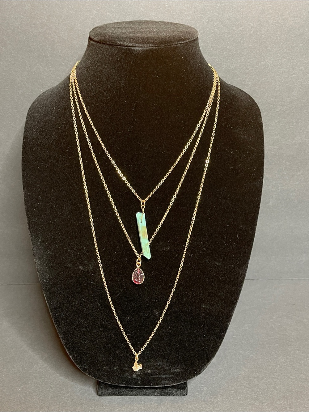Gold Layered Necklace with Green Bar and Pink Teardrop Charm